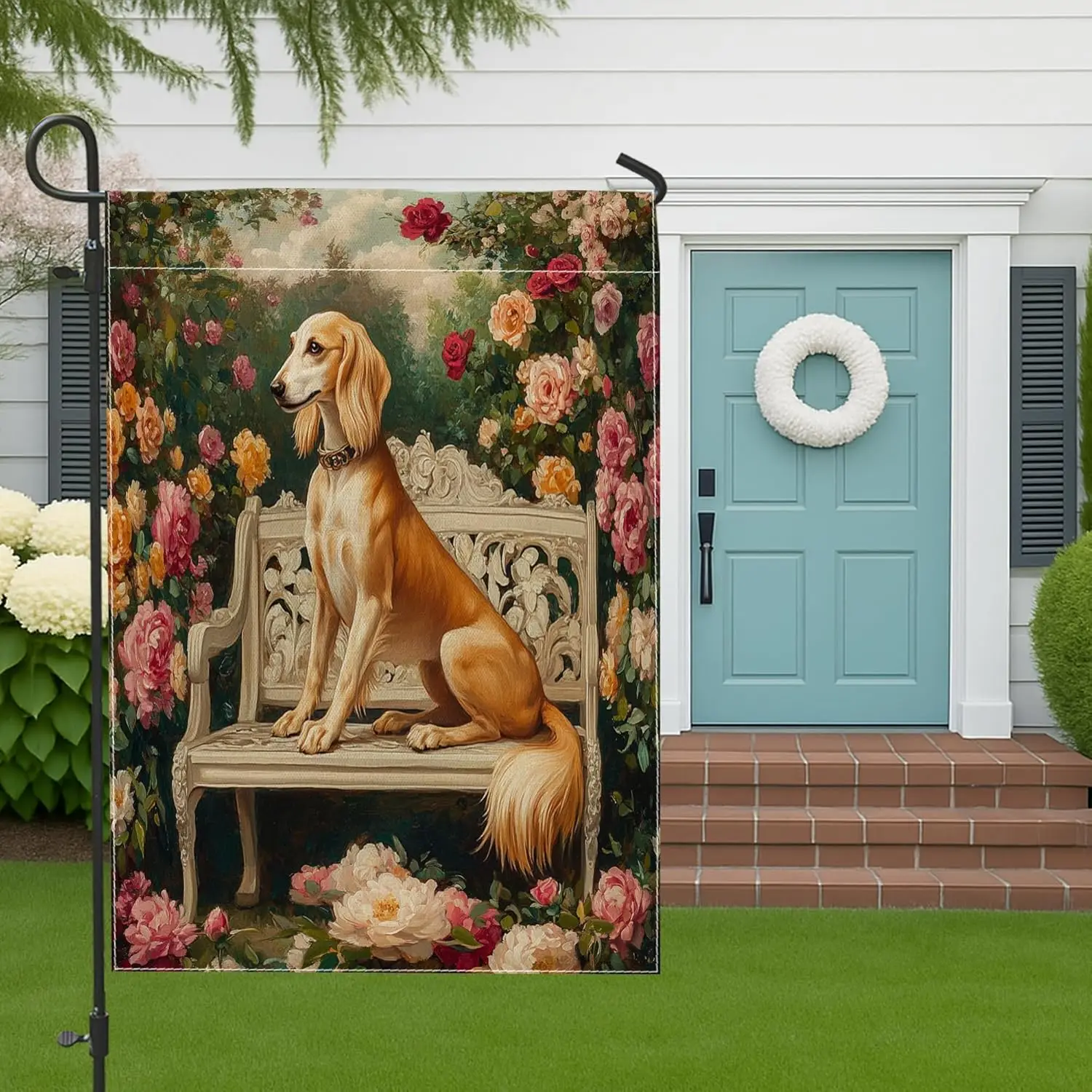 Spring Saluki Dog Garden Flags 12”x18” Double Sided for Outside, Romantic Floral Bench Front Yard Small Canvas House Flags,  IIC