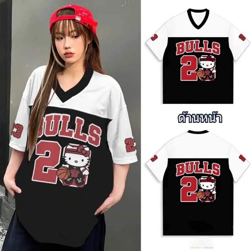 

Sanrio HelloKitty новая женская трикотажная футболка, летняя свободная футболка с v-образным вырезом и короткими рукавами, модная спортивная футболка Y2K, повседневный топ