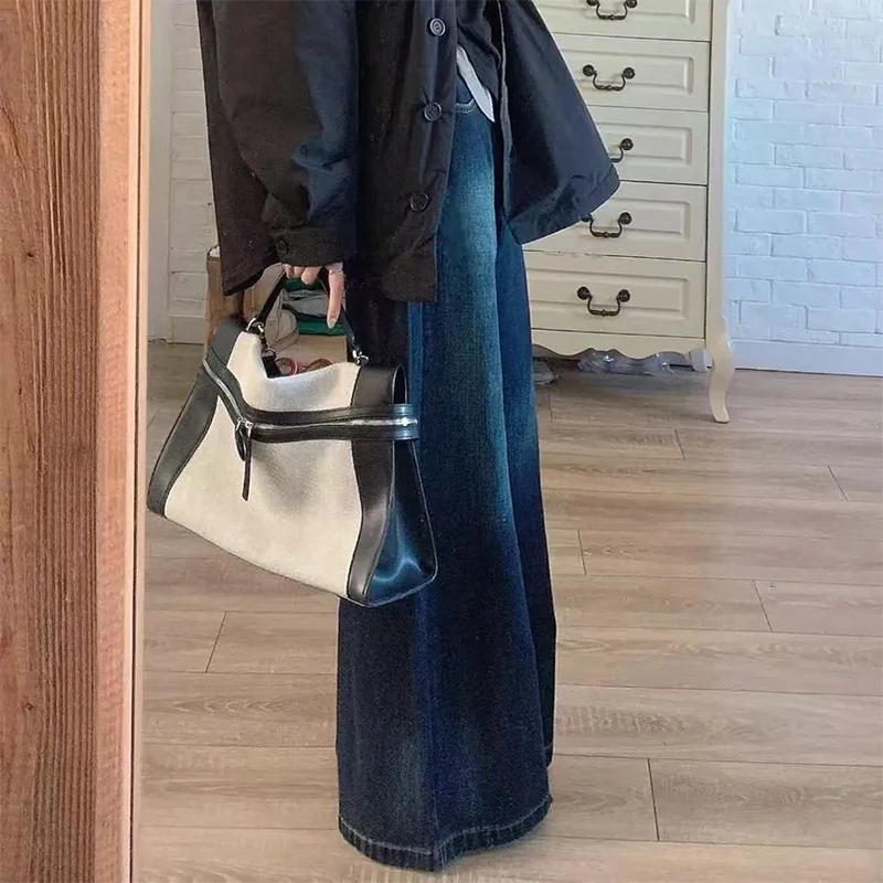 Harajuku Wide Leg Jeans for Women Vintage Deep Blue High Waist Full Length Pants Autumn 2000S Streetwear Loose Straight Trousers