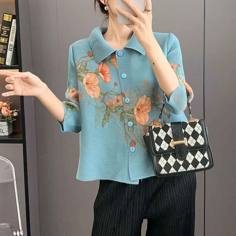 Miyake 2025 Autumn New Folded Jacket Women's Fashion Pleated Simple Versatile Solid Color Lapel Plisse Casual Cardigan Top