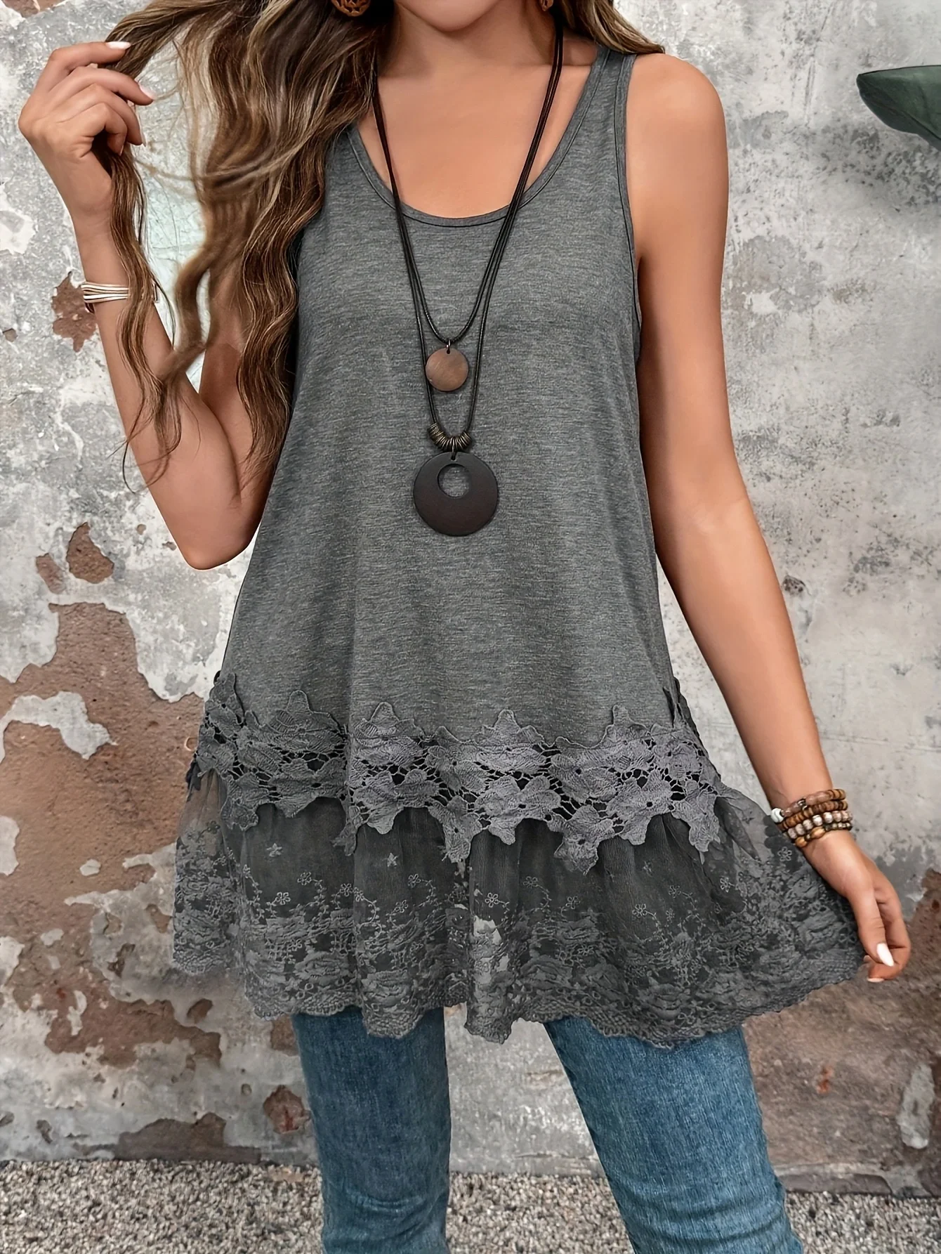 Women's Fashionable Long Vest with Contrasting Lace for Summer