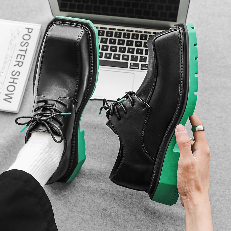 2023 Men\'s Japan Karajuku Korean Style Fashion Streetwear Thick Platform Casual Green Leather Shoes Lace Up Dress Leather Shoes