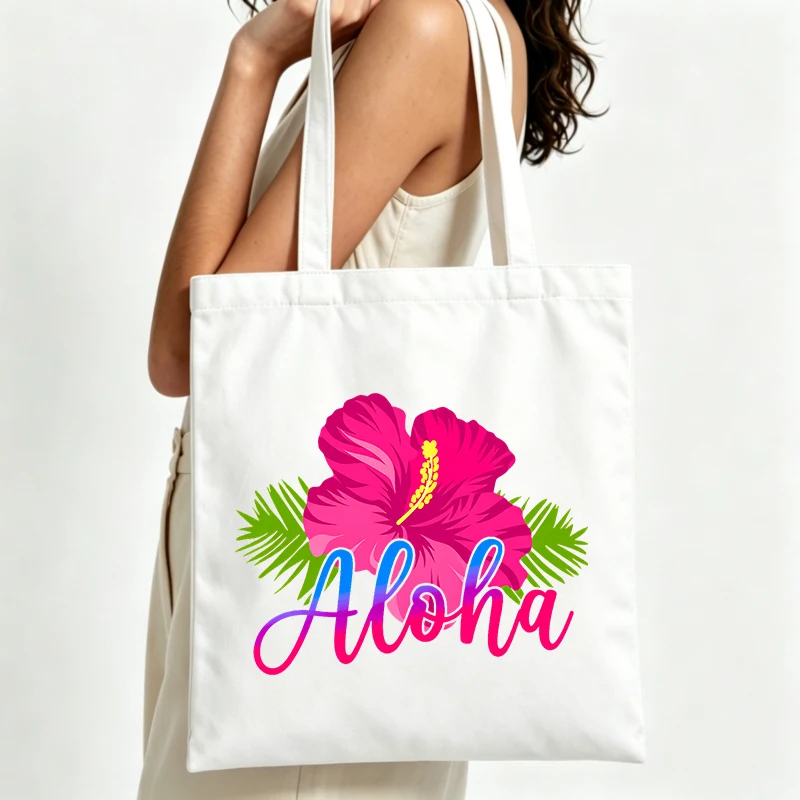 hibiscus flower and palm leaf print canvas tote bag, casual style for summer outings and daily shopping
