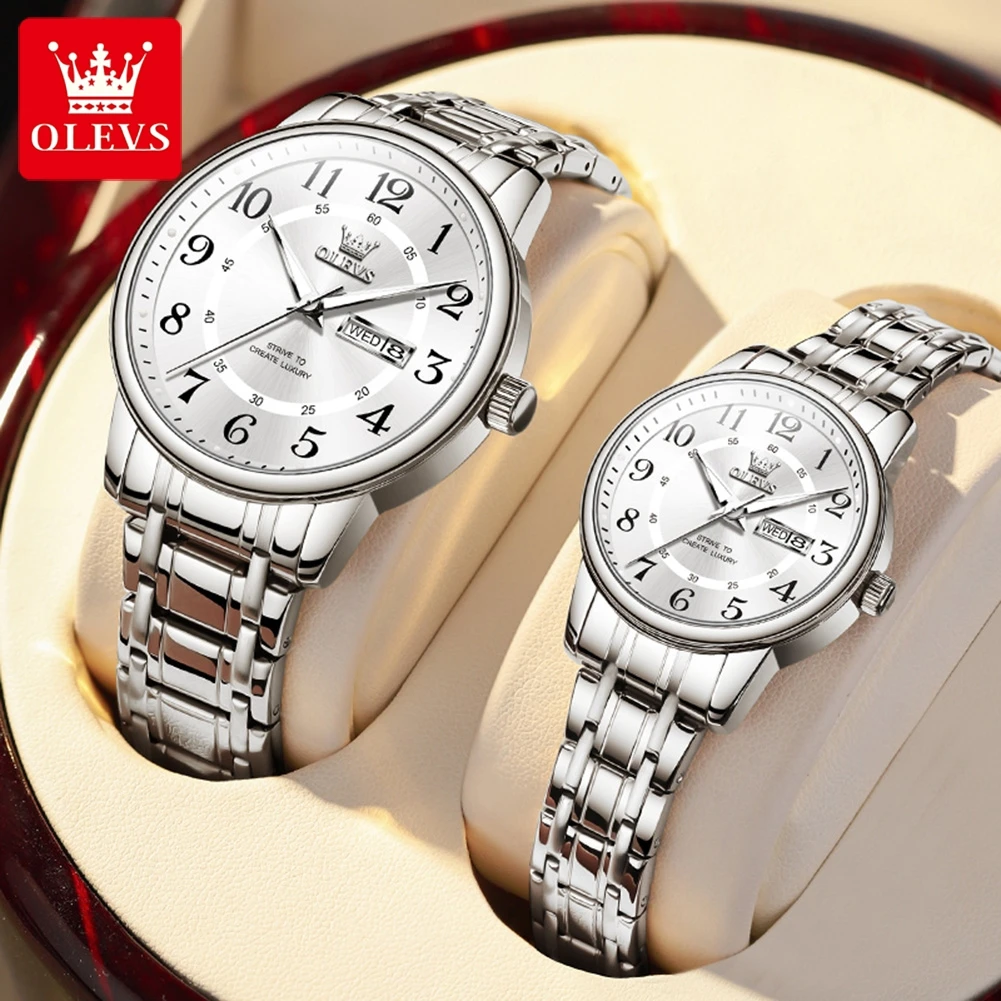 OLEVS 2891 Business Couple Watch Number Scale Classic Quartz Watch For Couple Luminous Waterproof Week Calendar Wristwatches