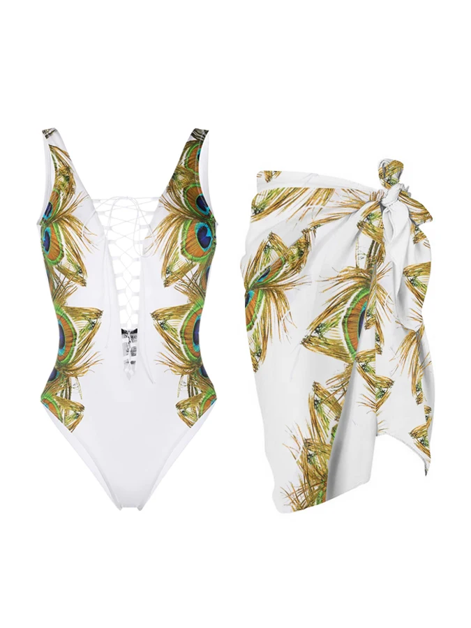 Peacock Feather Print Lace Up One Piece Swimsuit And Cover Up