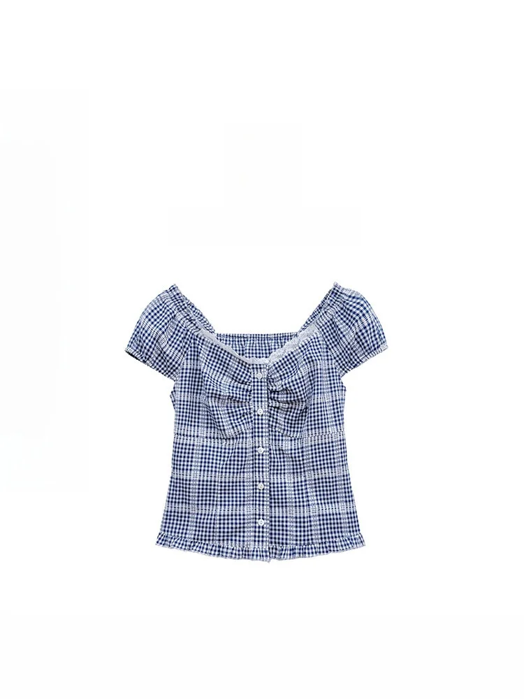 

Artists Gallery Sweet Style Short Sleeve Shirt Women's Checkered Lace Top Cheese Brand Regular Fit V-Neck Chinese Manufacturer