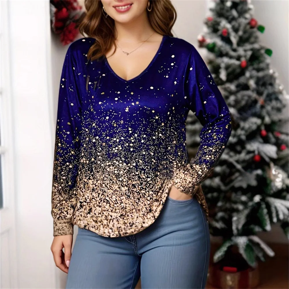 Starlight Gradient Print T Shirt Women Party Long Sleeve Loose Plus Size Tops Fashion Christmas Festival Casual V-Neck Tee Shirt