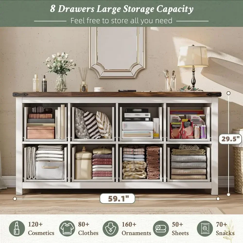 8-Drawer Bedroom Dresser with Textured Finish, Antique White
