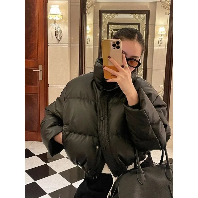Women Short Parkas New Casual Stand Collar Zipper Outwear Coats Female Glossy Leave-in PU Leather Down Cotton-padded Clothing
