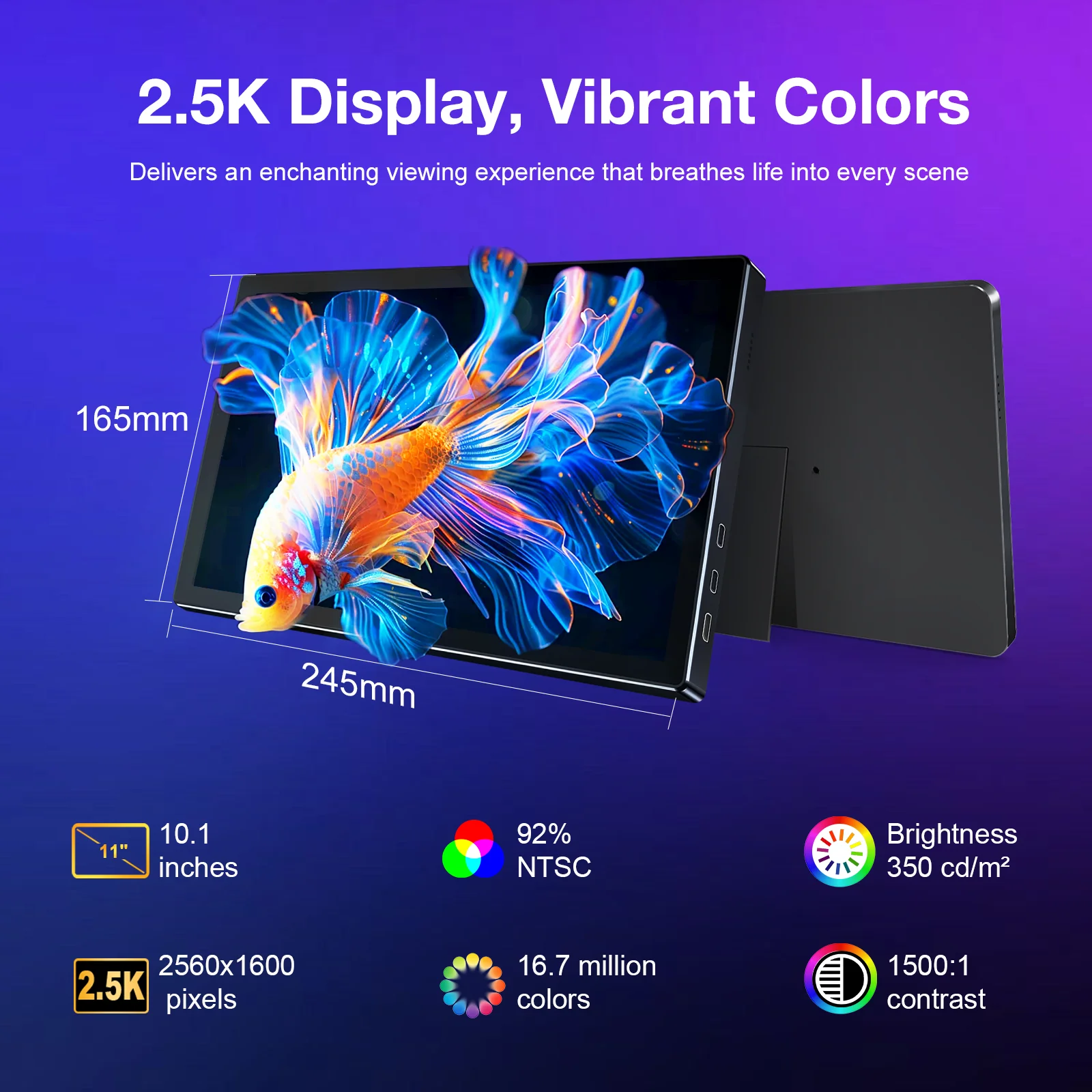 Unew 11인치 휴대용 터치 모니터 | 2.5K IPS, WQXGA, 350cd 92% NTSC USB-C/HDMI, VESA 75x75mm 및 스탠드, 휴대…