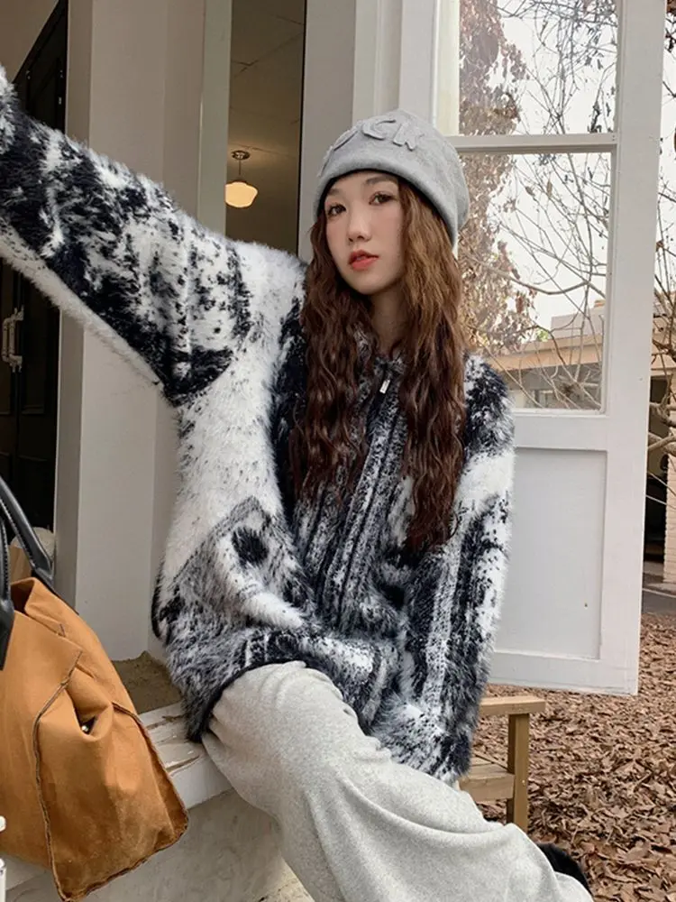 Autumn Winter Lazy Style Splashed Ink Imitation Mink Fur Knitted Sweater Men Women American Retro Warm Loose Sweater Cardigan