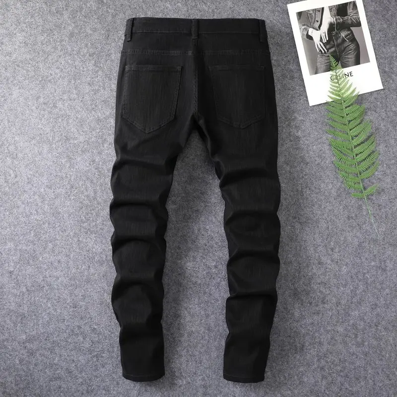 Black ripped tight jeans men's 2024 spring and summer hot work pants straight leg youth fashion casual slim fit denim pants