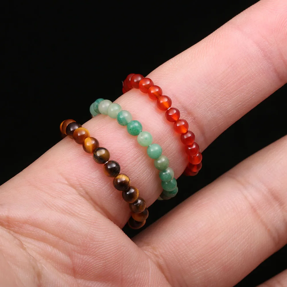 

10pcs Natural Stone Beads Ring 3mm Handmade Natural Chakras Healing Finger Ring Tiger Eye Stone Opal Stretch Rings for Women Men