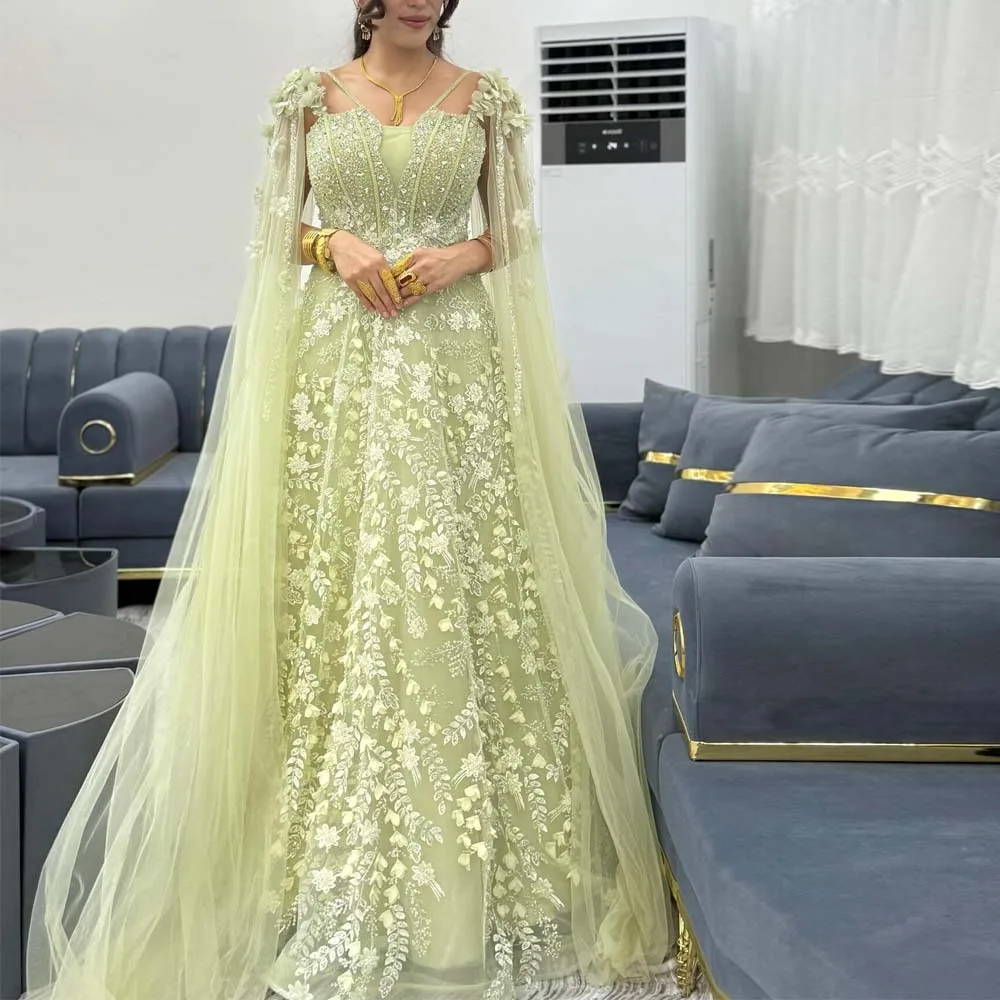 

Customized Fancy Floral Lace Evening Dress with Cape Sleeve Beaded Embroidery Birthday Dresses for Women Green Tulle Formal Wear