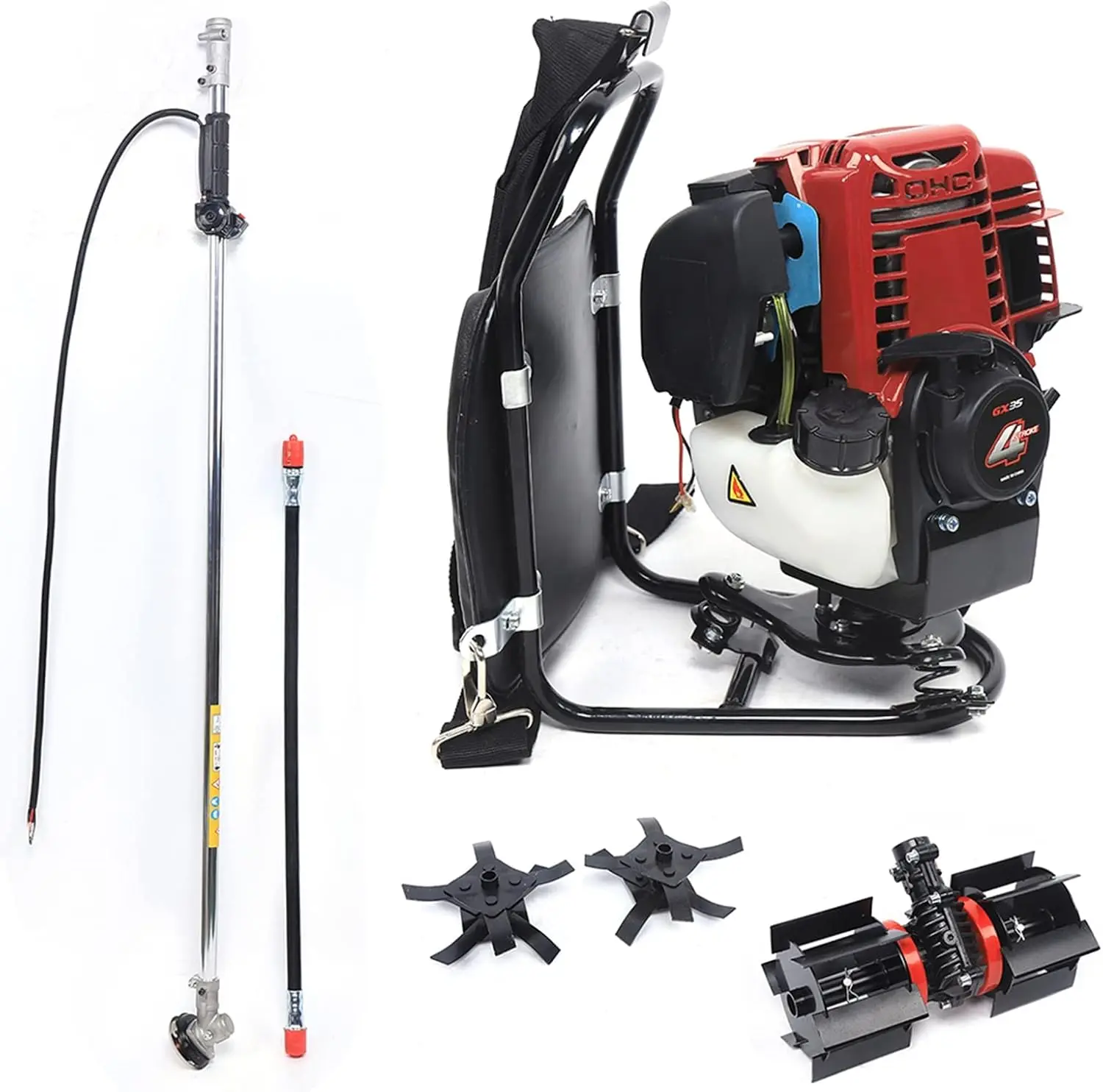 4 Stroke Backpack Brush Cutter, 35.4Cc 3 In 1 Multi-Function Tiller Cultivator Gas Powered Cordless Hedge Trimmer Air-Cooled