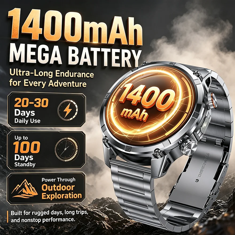 2026 Military Grade Smartwatch 1400mAh Long Standby 10ATM Waterproof Bluetooth Call LED Flashlight SOS Alert Outdoor Men Watches