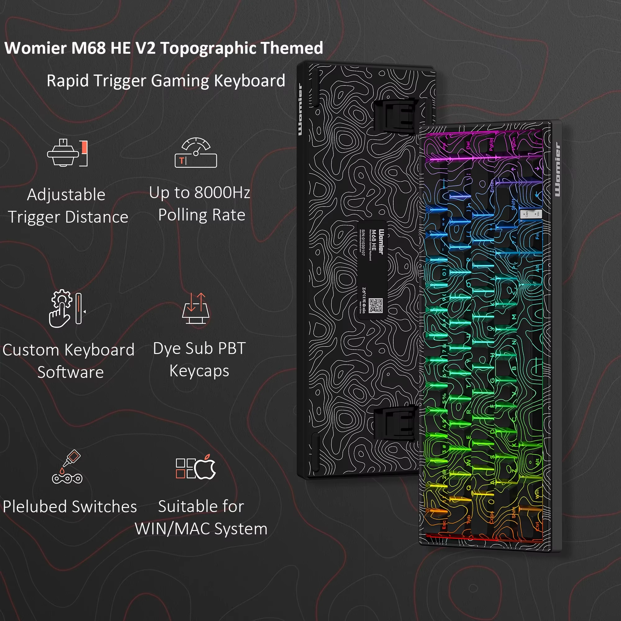 Womier 65% 블랙 래피드 트리거 게이머 기계식 키보드, 지형 테마 홀 효과, RGB 유선 장착 키보드, M68 HE V2