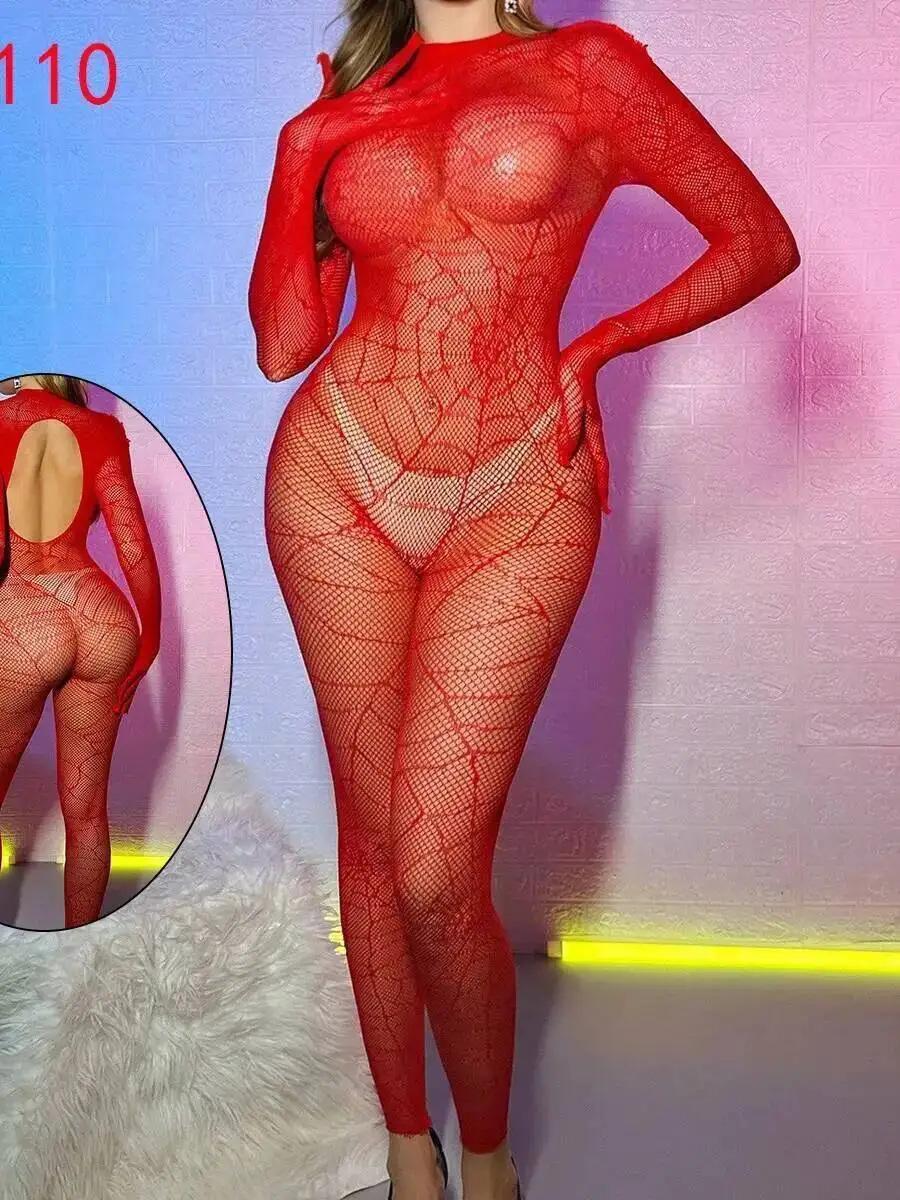 Sexy fishnet bodysuits sleepwear manga longa sem costas aranha web impressão de manga comprida vermelho bodysuits puro desejo encantador btg0