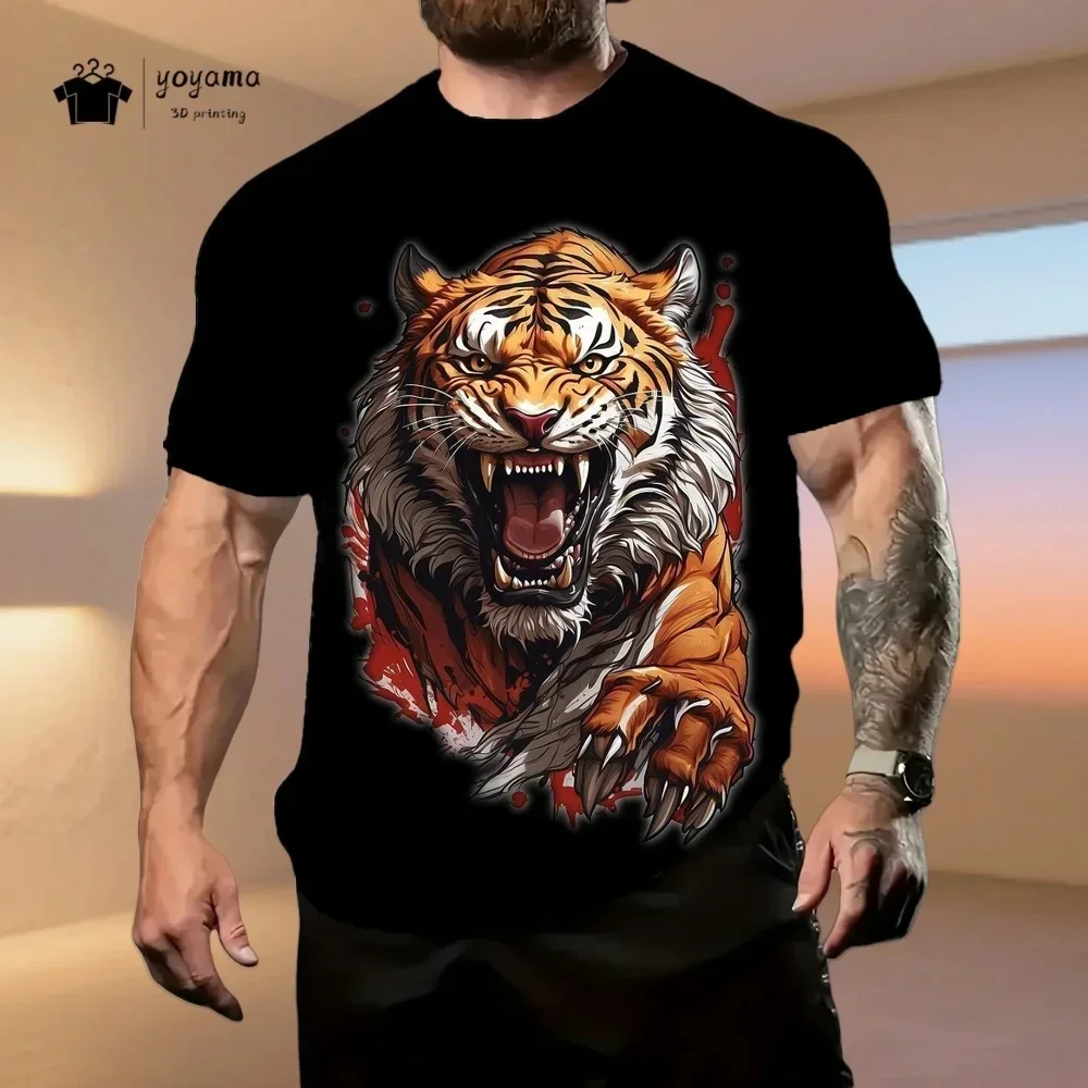 Trendy Cool Men's Roaring Tiger Graphic T-Shirt 3D Print Wild Animal Tiger Head Crew Neck Short Sleeve Casual Streetwear Tee