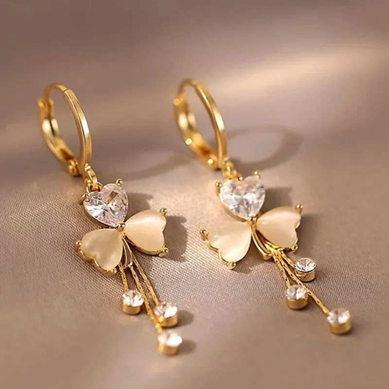 Temperament Clover Crystal Opal Flower Drop Dangle Earring for Women Charm Gold Color Long Tassel Stud Bride Jewelry Accessories