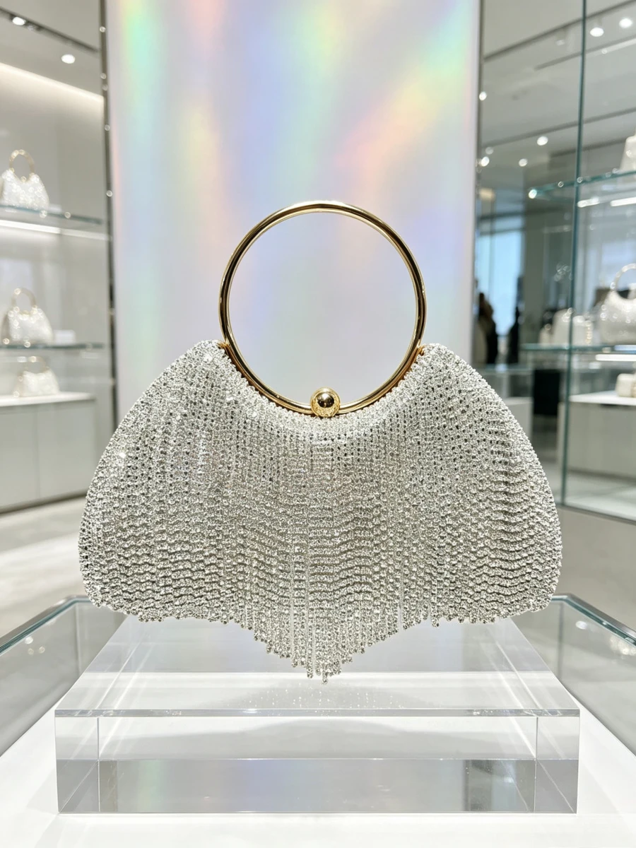Full Silver White Rhinestone Fan Shape Long Tassel Gold Ring Handle Clutch Luxury Sparkling Evening Purse Mature Women Wedding