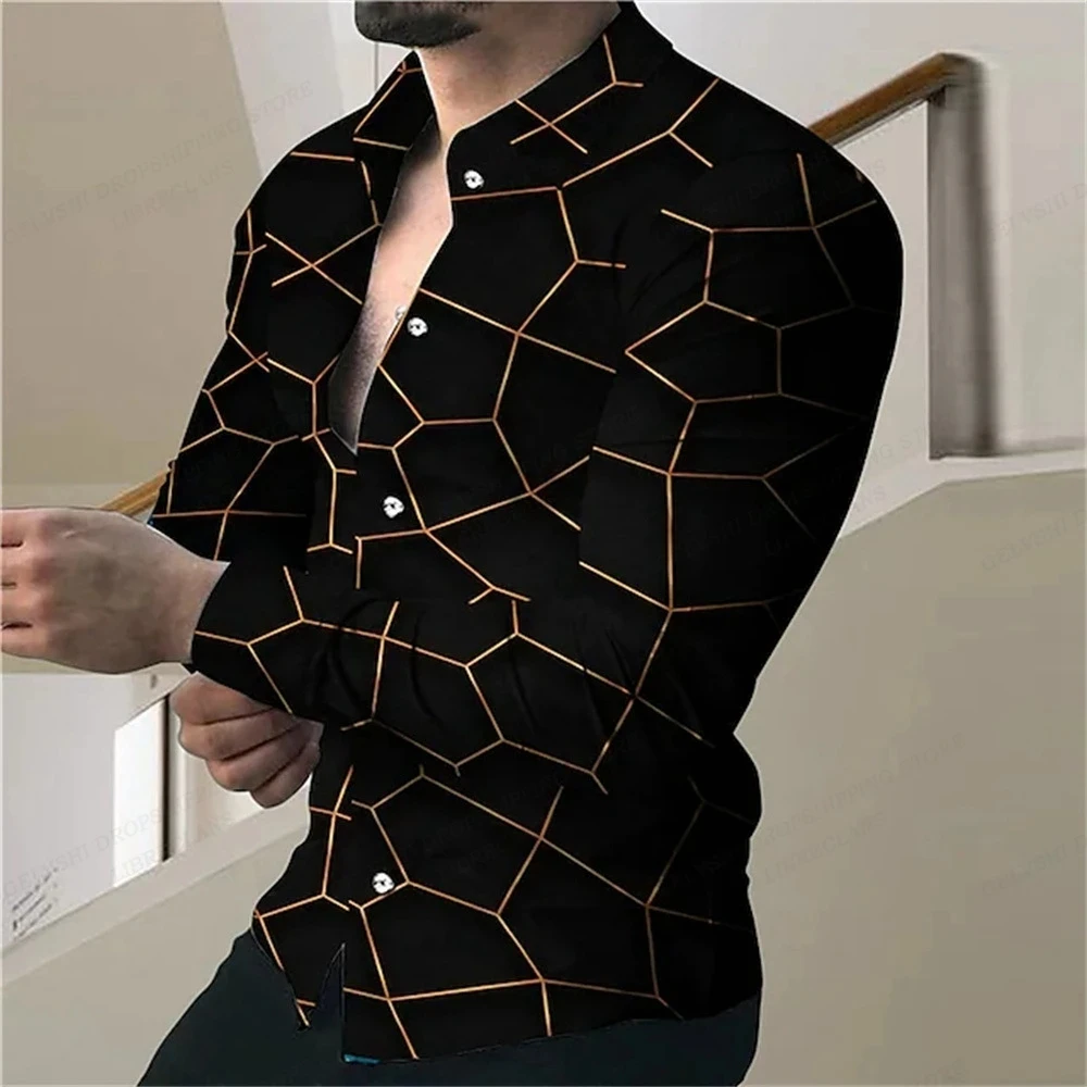 New Men's Long-sleeved Button-down Shirt Line Color Block Striped 3D Printed Shirt Soft And Comfortable Stylish Mens Lapel Shirt