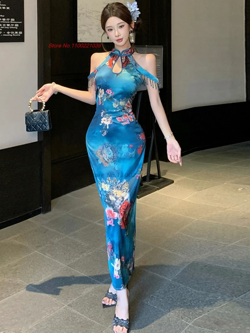 

Платье для восточного ночного клуба 2025, улучшенное Cheongsam, традиционное платье Ципао без рукавов с цветочным принтом, сексуальное облегающее банкетное платье