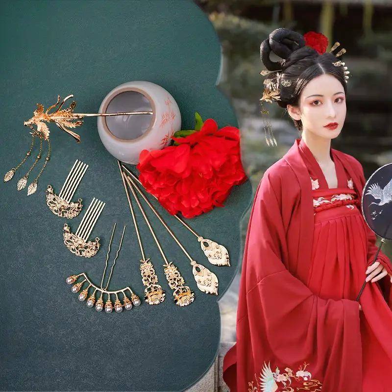 Ancient Chinese Head Jewelry Set Hanfu Hair Accessory Tang Dynasty Headdress Hair Clips