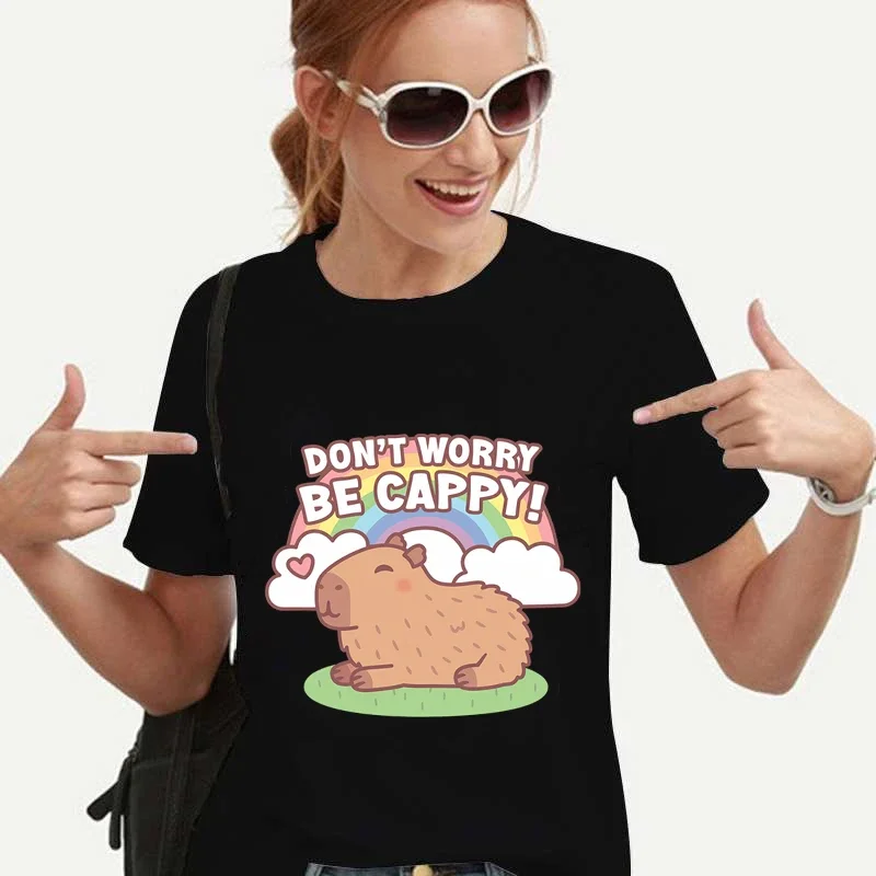 

New Cartoon DONT WORRY BE CAPPY! Capybara Print Women T Shirt Casual O-Neck Tops Loose Harajuku T Shirt Black Shirts Clothes