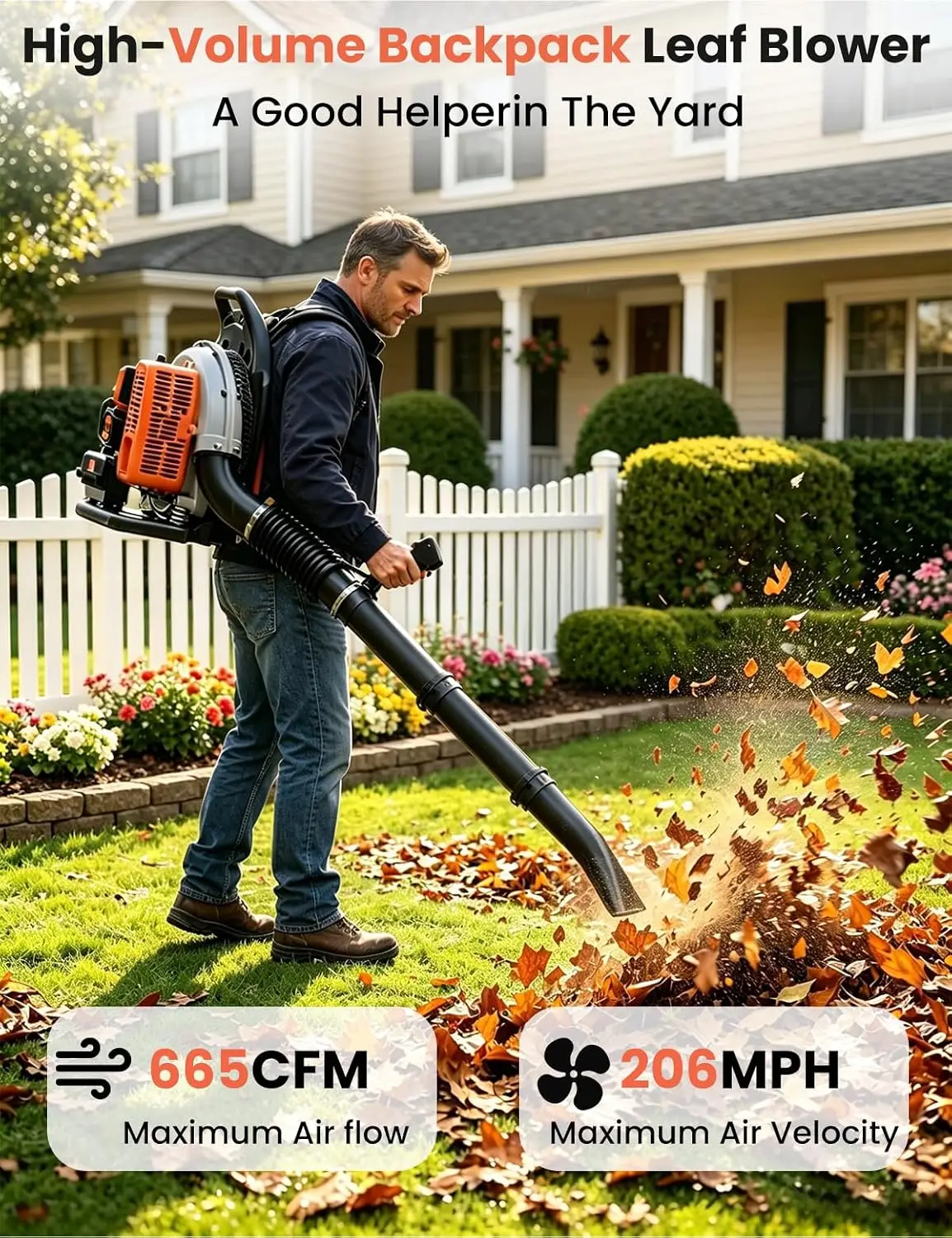 63cc Backpack Leaf Blower Gas Powered, 665 Cfm 2-Stroke for Lawn Care | Powerful 63cc 2-stroke engine, 665 CFM; ergonomic adjust