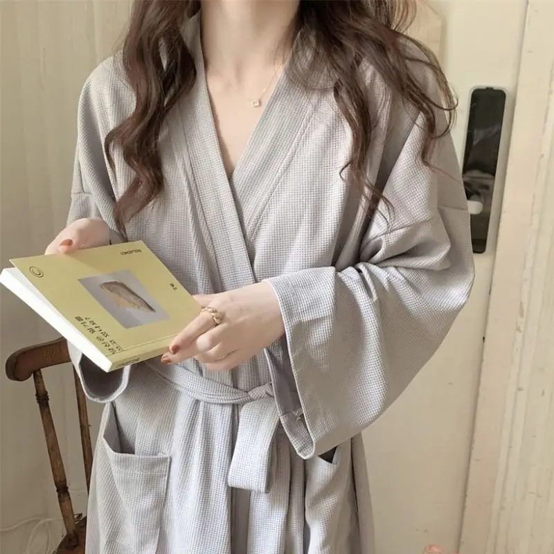 

Solid Color Nightgown Pajamas Women's Spring Autumn New Simple Loose Lace-Up Bathrobe Nightgown Home Clothes Kimono Robe Girl