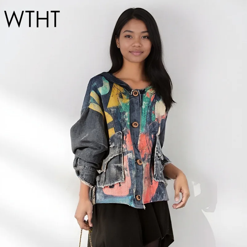 

WTHT Fashion Women's Irregular Patchwork Contrast Color Denim Hooded Jacket 2025 Autumn Loose Long Sleeve Coat Female 1LS2297