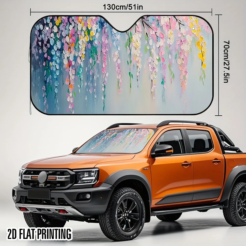 1pc Colorful Petals Rain Down Branches Design Car Sunshade - Stylish & Practical, 2D Flat Printing Fit For Cars, SUVs, Trucks, 4