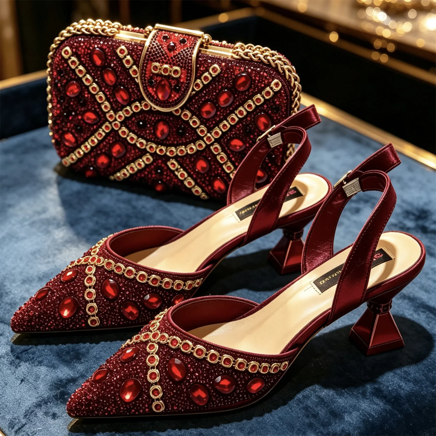 Elegant Wine Color Rhinestone & Pearl Slingback Heels with Matching Top Handle Handbag Set for Women - Formal Wedding & Prom