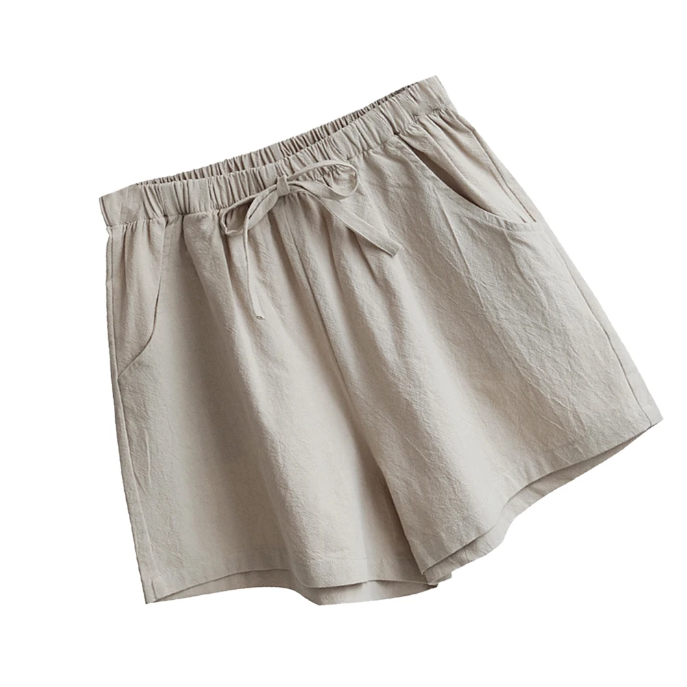 

Cotton Linen Shorts Women Loose Wide Design Fashion Two Pocket Summer Pants Khaki Color Casual Wear Vacation Shopping