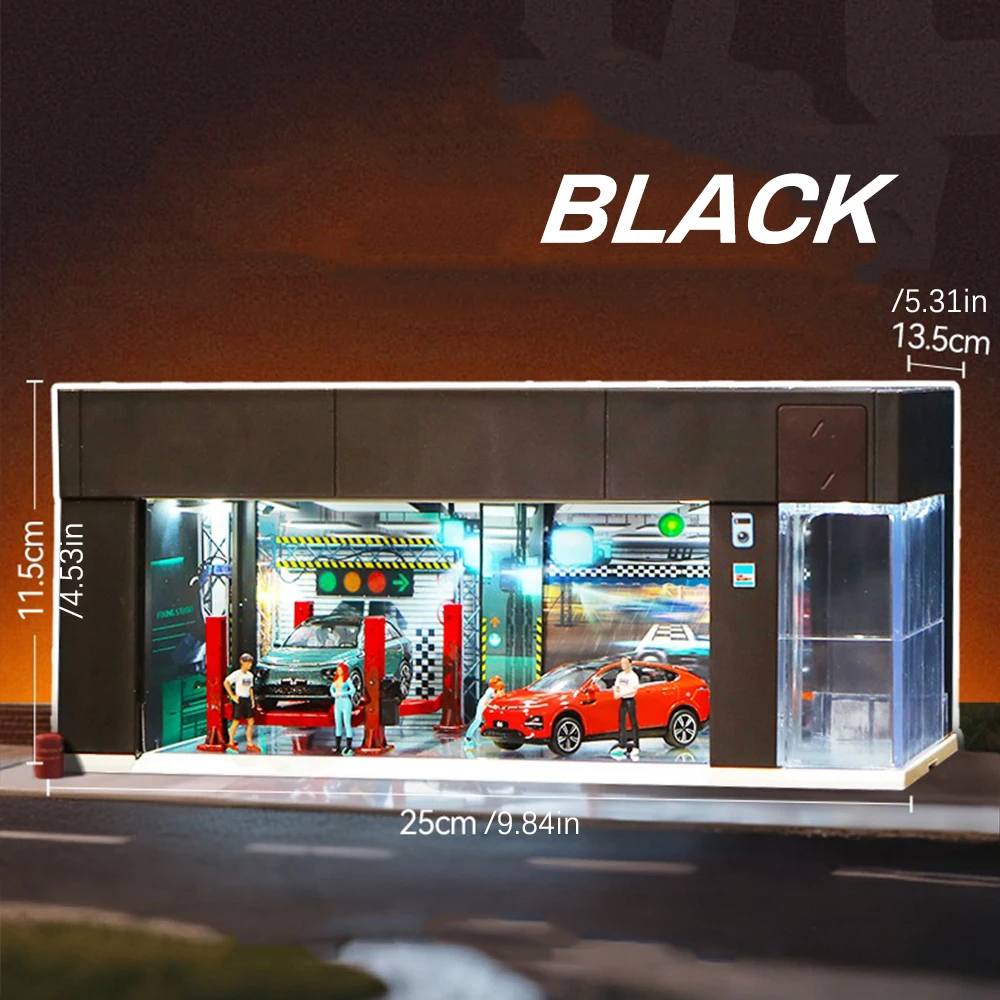 1/64 Electric Shutter Door Model Scene with Light Garage Miniature Toy Car Model Display Box (Without Car and Action Figure)