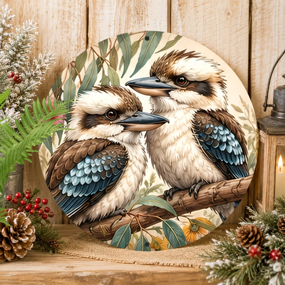 2D Flat,  Round Metal Sign, Australian Kookaburra Bird Eucalyptus Wall Art, Local Aussie Bird Decorative Plaque, Wall Decor