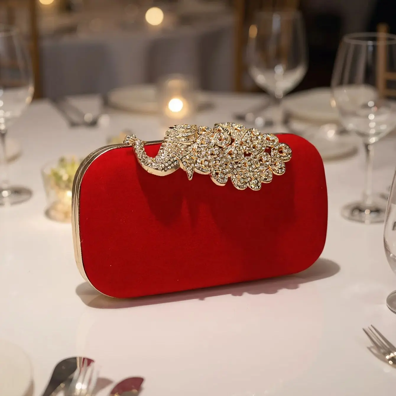Animal Peacock Metal Shoulder Chain Evening Bags Rhinestones Velvet Small Clutch Bags Flap Design Red Color Lady Handbags view 2