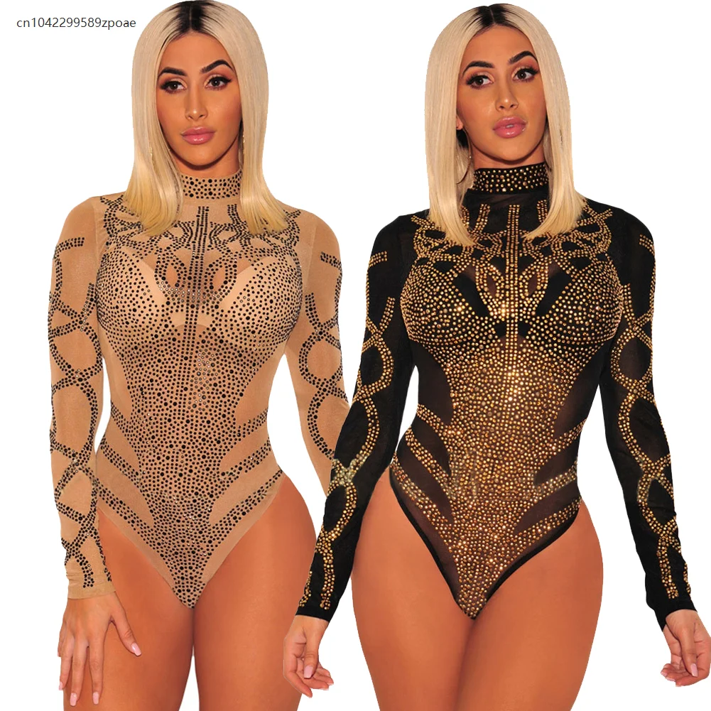 

Sexy Shiny Bodysuit Rhinestone Jumpsuit Women Mesh Cutout High Neck Long Sleeve Cosplay Party Nightclub Performance Costumes