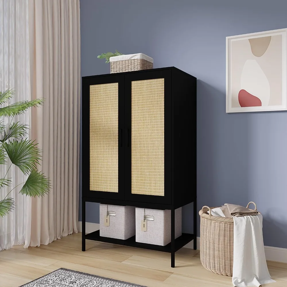 

Wardrobe Closet with 2 Doors，Rattan Bedroom Armoires with Hanging Rod Freestanding Wooden Black Wardrobe Cabinet with Shelves