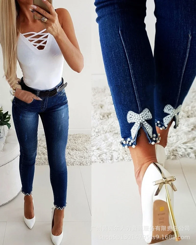 Jeans Autumn 2025 Women Beaded Slit Bowknot Decor Pearl Bow Casual Loose Splice Sheath Long Pants Slim Mom Denim Pencil Trousers