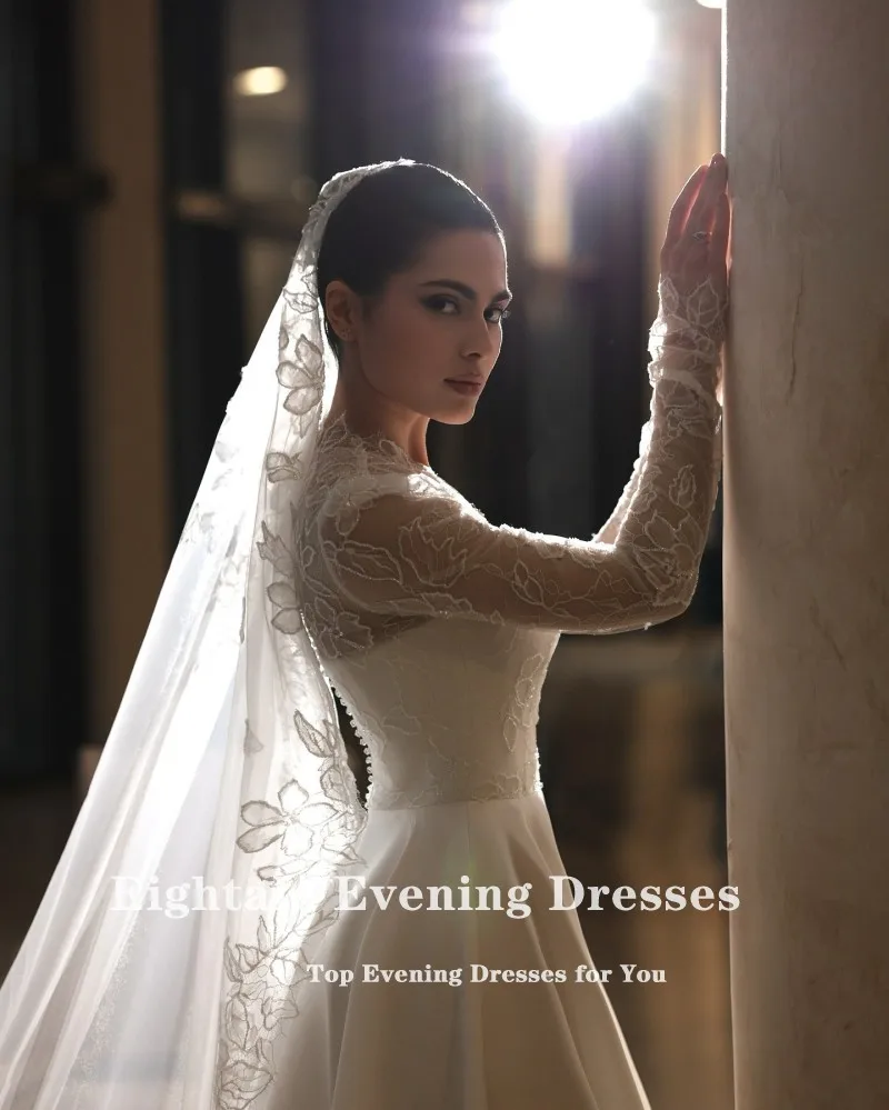 Abito da sposa arabo Eightale personalizzato bianco avorio a-line in pizzo maniche lunghe abito da sposa in raso musulmano Robe De Mariée