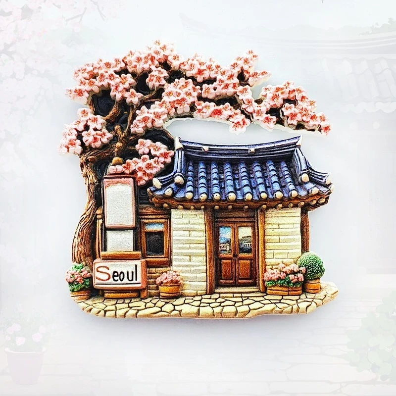 مغناطيس ثلاجة قرية سيول هانوك - تذكار منزلي كوري ثلاثي الأبعاد لتزيين السقف المطلي باللون الأزرق هدية آسيا فريدة من نوعها