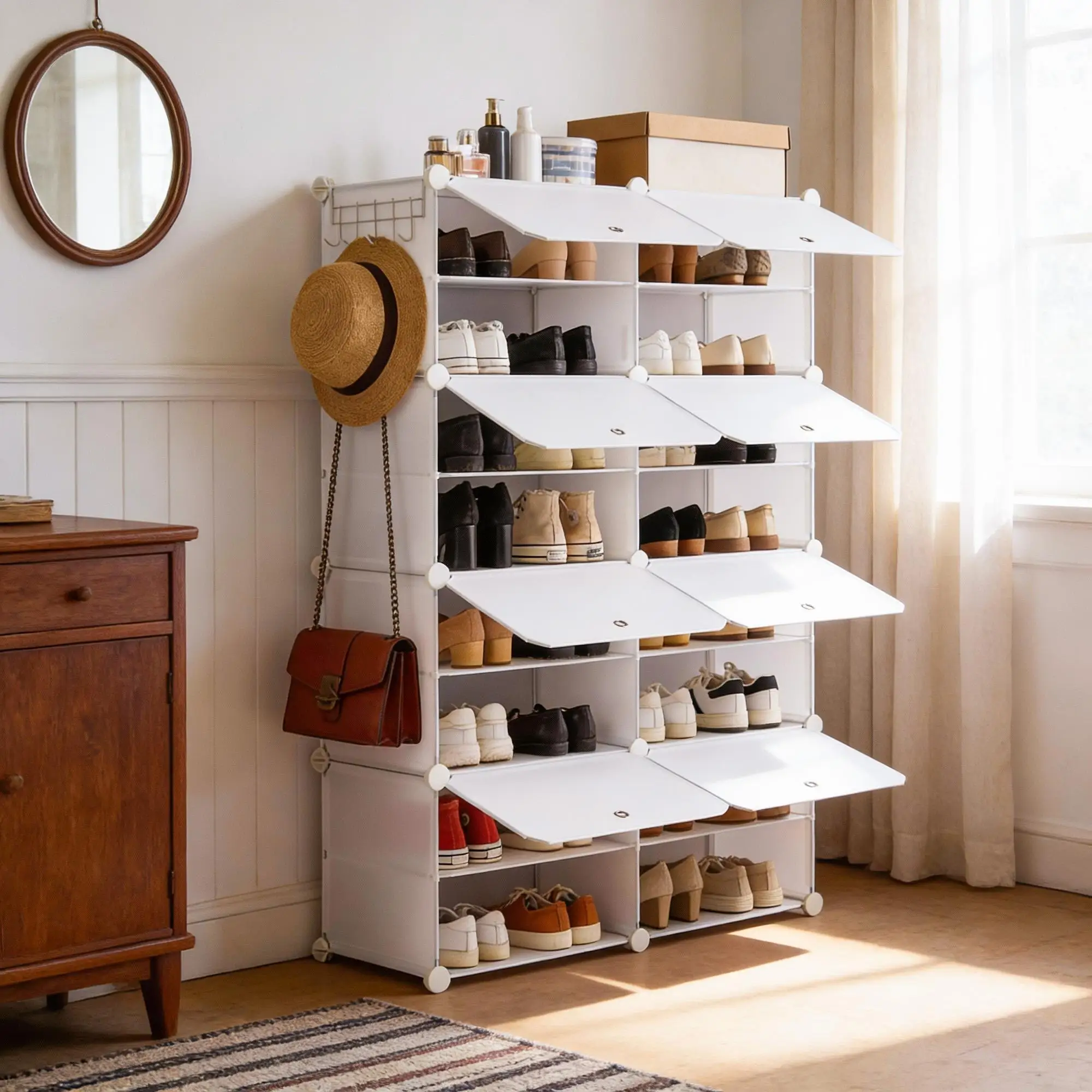 6/8 Tier Large Capacity Shoe Rack Organizer Storage Shelf Holds 24-32 Pairs Sturdy Metal Frame Waterproof Cabinet Stand with Side Hooks Easy Assembly Space Saving Furniture for Entryway Closet Apartment