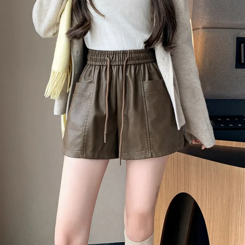 

New Autumn Winter PU Leather Shorts Women Casual Elasic High Waist Wide-leg Shorts Ladies Solid Pockets Loose Boots Shorts