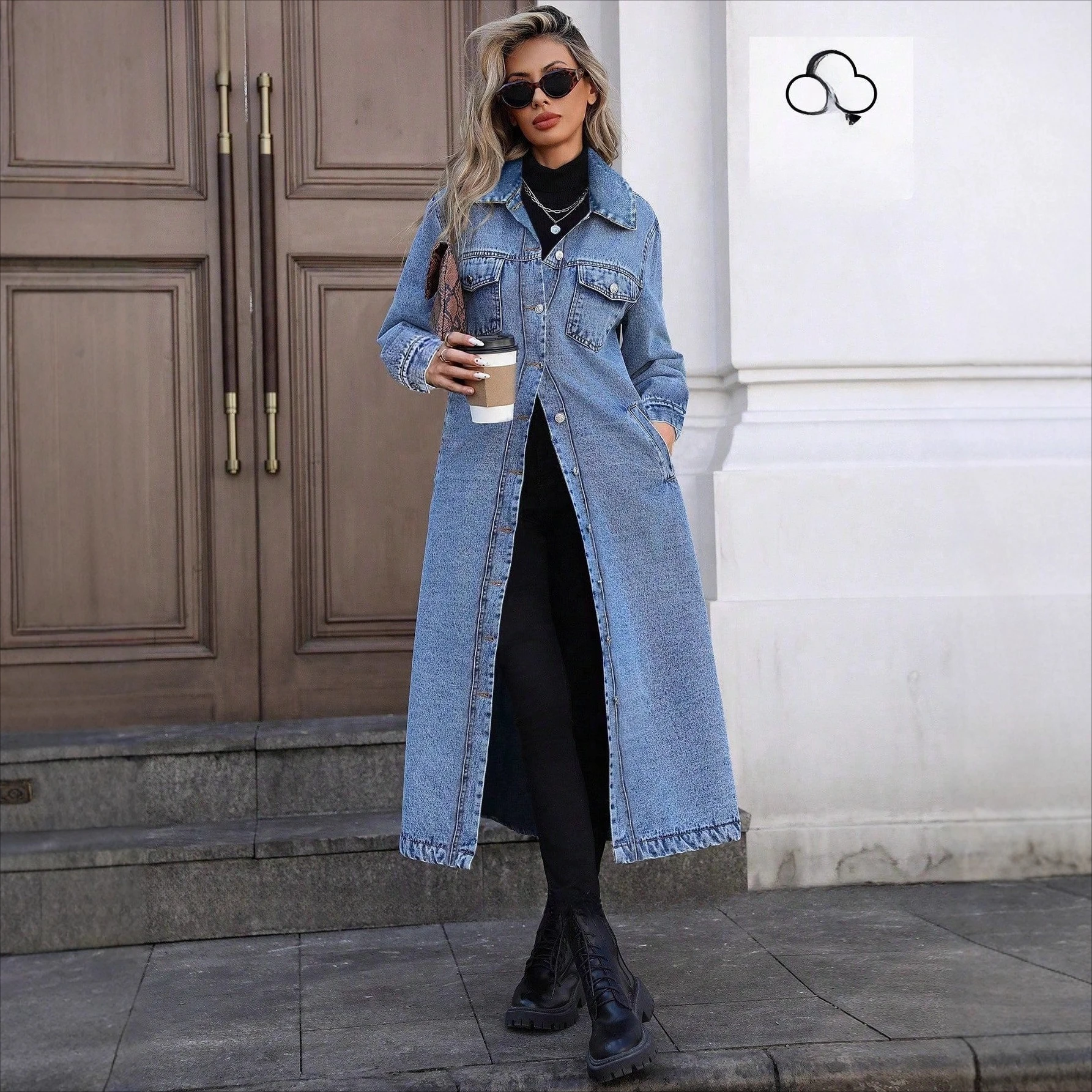 

Casual Denim Coat for Women Washed Jacket Solid Color Turn Down Collar Long Sleeve Single Breasted Button Pockets Outerwear