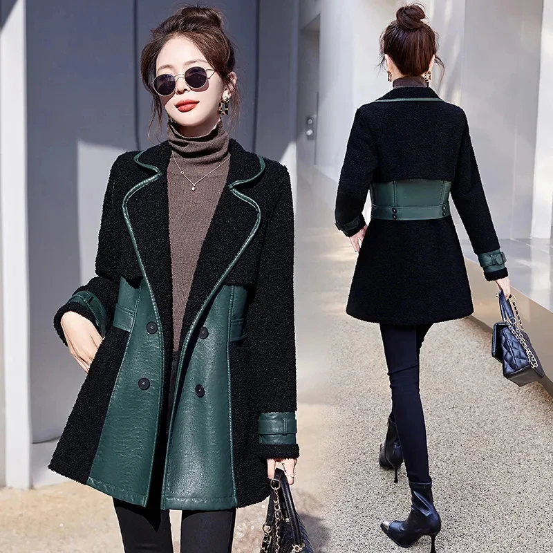 2023 New Winter Women Lamb Wool Faux Fur Jacket Plush And Thicken Leather Coat Patchwork Pu Overcoat Female Leather Windbreaker