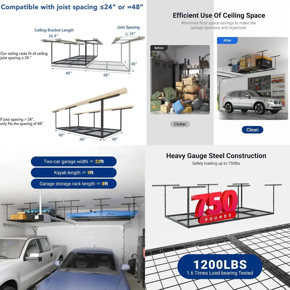 

Стеллаж для гаража FLEXIMOUNTS 4x8, регулируемый, сверхпрочный, грузоподъемность 750 фунтов, черная классическая серия