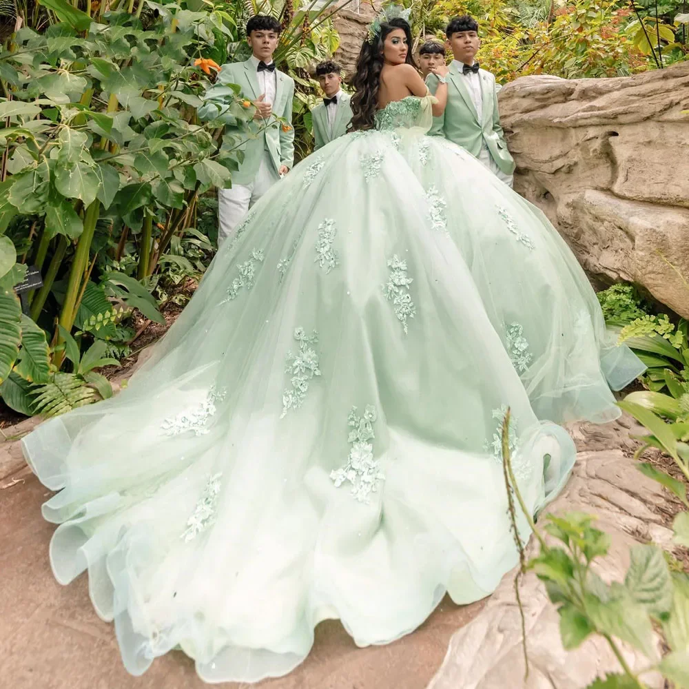 Vestido verde salvia con apliques de encaje, traje elegante de noche para adultos, cumpleaños y boda