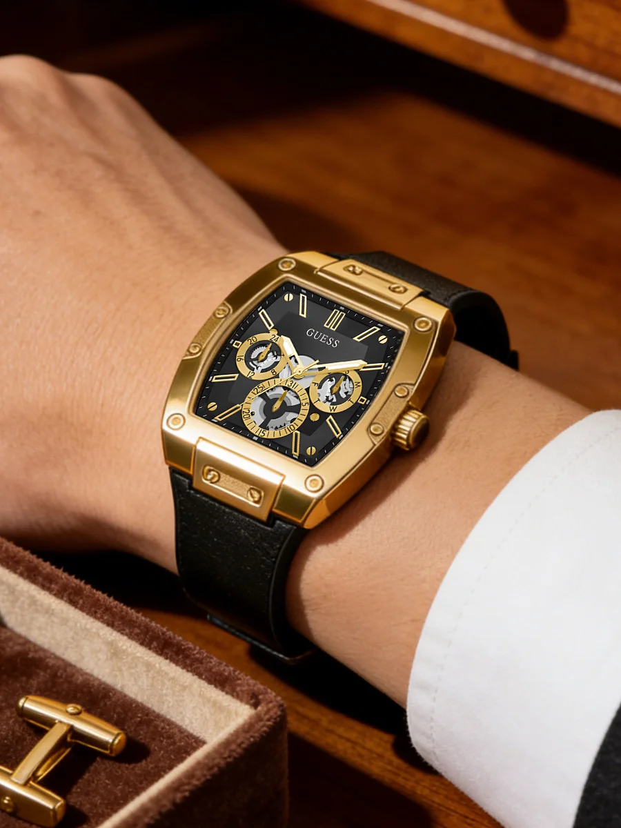 GUESS Men's Watch Gold Tonneau Skeleton Dial Multifunction Black Silicone Luxury Quartz Watch Business Party Friend Cool Gift